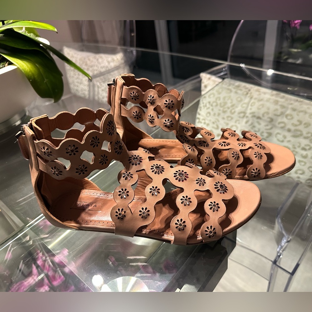 Alaia Tan Gladiator Sandals with Circular Cutouts